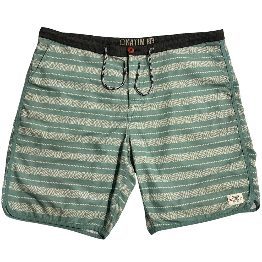 Katin Mens Board Shorts Size 36 Seafoam Green Stripe Stretch Surf Trunks